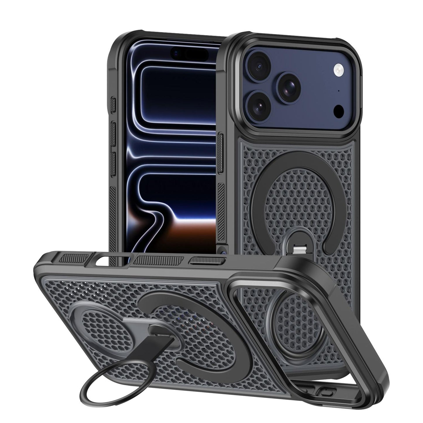 For iPhone 18 Pro Colorful Hollowed Cooling 360 Degree Rotation Ring Holder Magnetic Phone Case(Black)