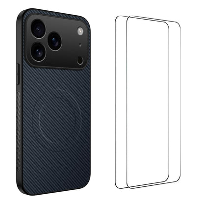 For iPhone 18 Pro WANLONFENG TQ1 Series Magnetic Carbon Fiber Texture Phone Case with 2pcs Screen Films(Sapphire Blue)