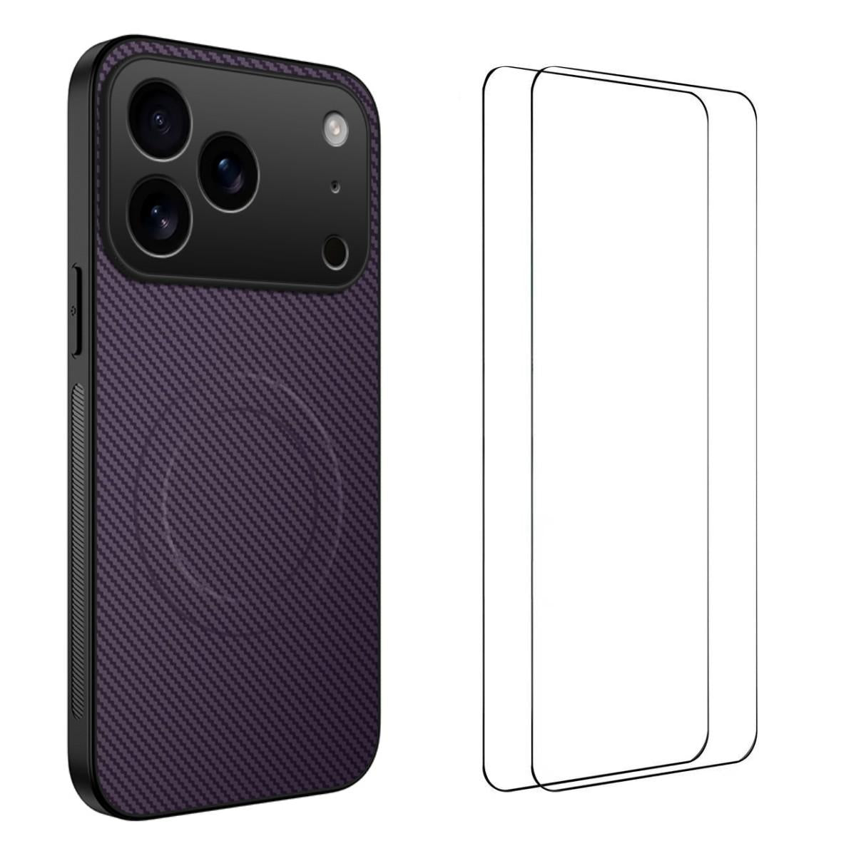 For iPhone 18 Pro WANLONFENG TQ1 Series Magnetic Carbon Fiber Texture Phone Case with 2pcs Screen Films(Purple)