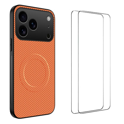 For iPhone 18 Pro WANLONFENG TQ1 Series Magnetic Carbon Fiber Texture Phone Case with 2pcs Screen Films(Orange)