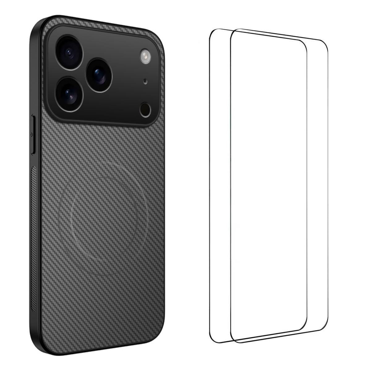 For iPhone 18 Pro Max WANLONFENG TQ1 Series Magnetic Carbon Fiber Texture Phone Case with 2pcs Screen Films(Grey)