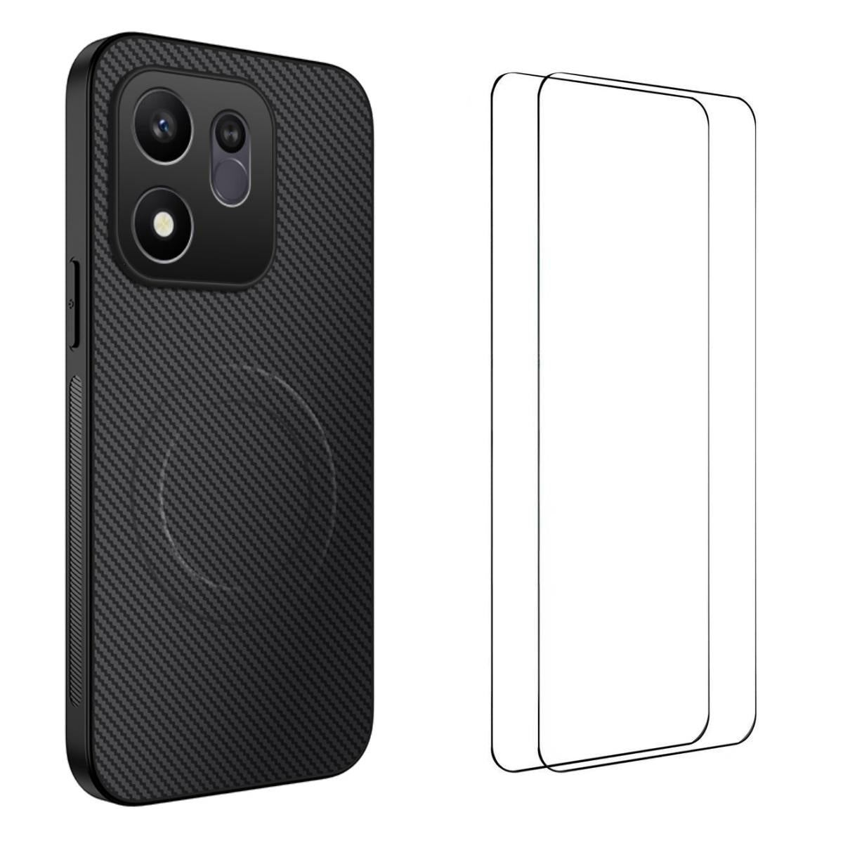For Honor 600 Smart 5G WANLONFENG TQ1 Series Magnetic Carbon Fiber Texture Phone Case with 2pcs Screen Films(Black)