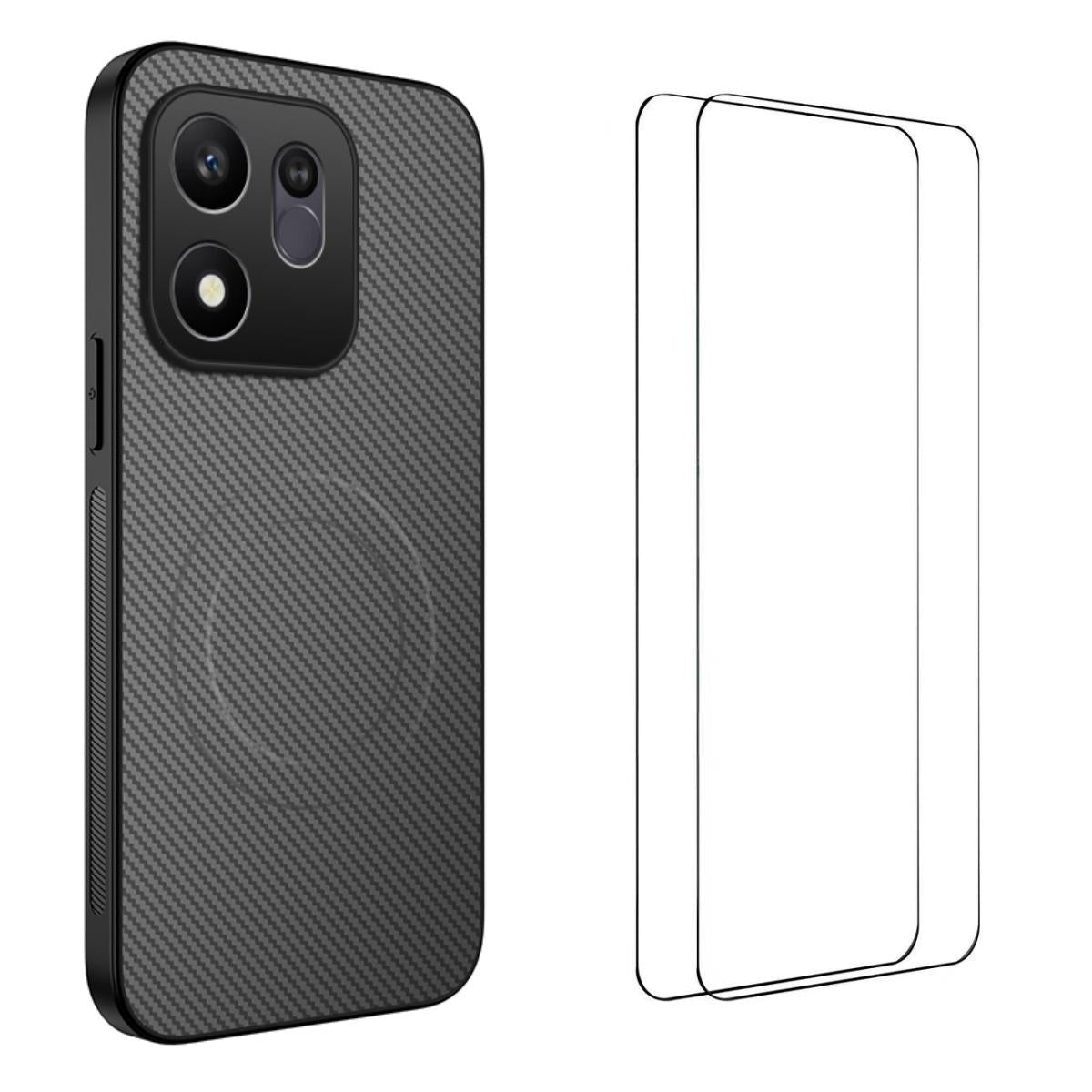For Honor 600 Smart 5G WANLONFENG TQ1 Series Magnetic Carbon Fiber Texture Phone Case with 2pcs Screen Films(Grey)