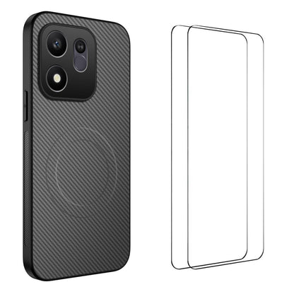 For Honor 600 Smart 5G WANLONFENG TQ1 Series Magnetic Carbon Fiber Texture Phone Case with 2pcs Screen Films(Grey)