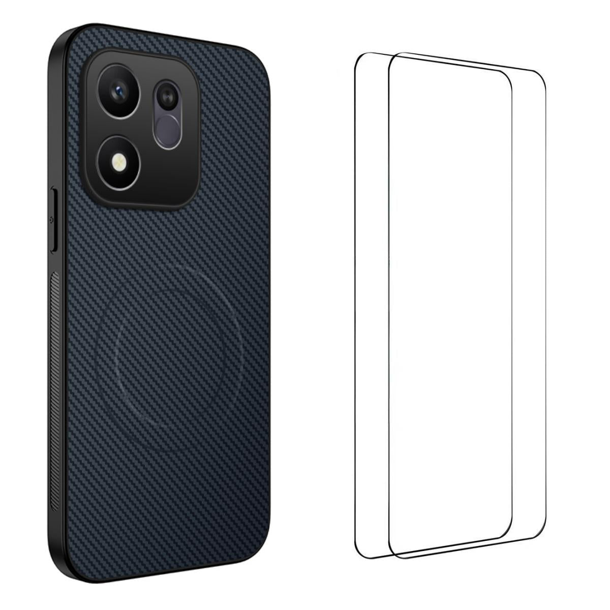 For Honor 600 Smart 5G WANLONFENG TQ1 Series Magnetic Carbon Fiber Texture Phone Case with 2pcs Screen Films(Sapphire Blue)