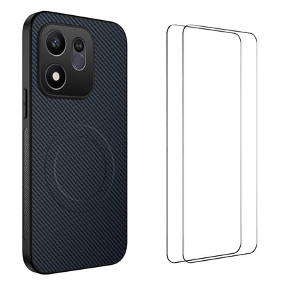 For Honor 600 Smart 5G WANLONFENG TQ1 Series Magnetic Carbon Fiber Texture Phone Case with 2pcs Screen Films(Sapphire Blue)