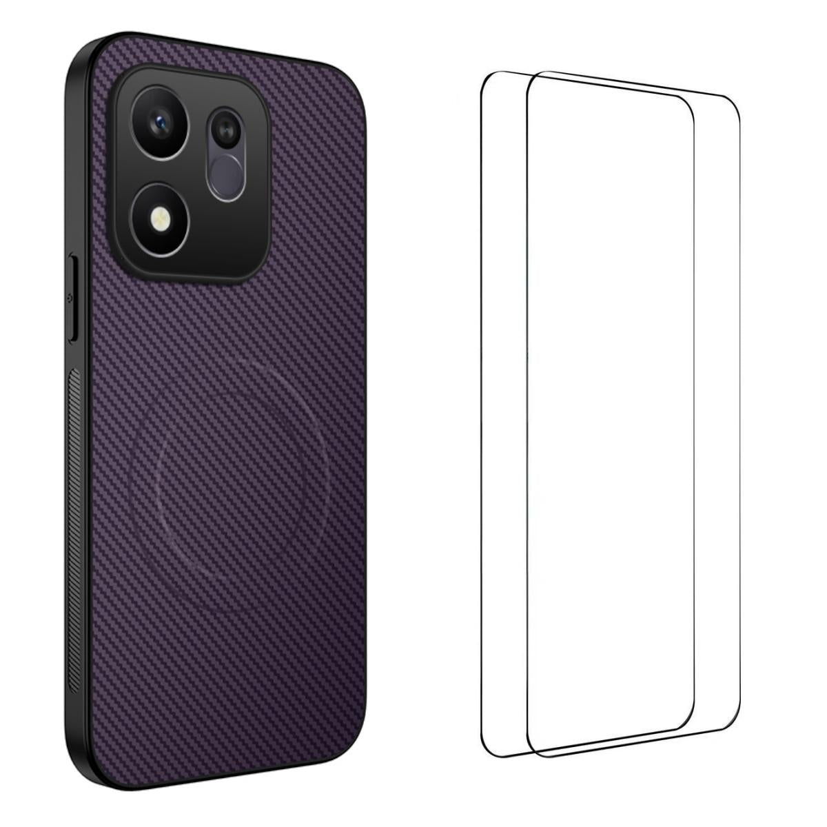 For Honor 600 Smart 5G WANLONFENG TQ1 Series Magnetic Carbon Fiber Texture Phone Case with 2pcs Screen Films(Purple)