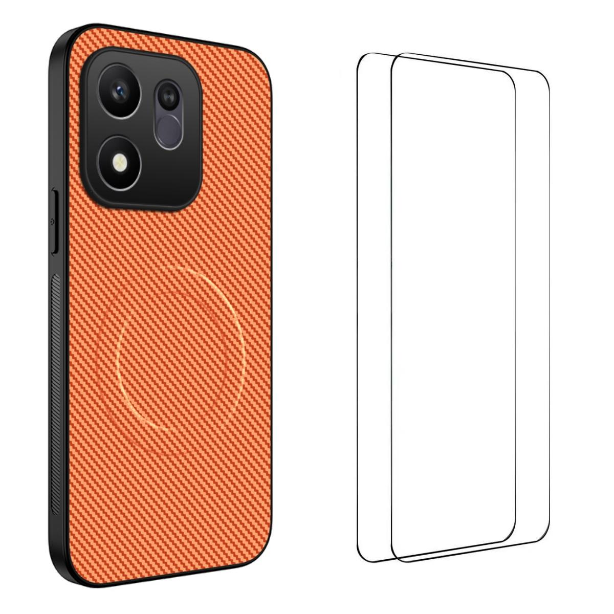 For Honor 600 Smart 5G WANLONFENG TQ1 Series Magnetic Carbon Fiber Texture Phone Case with 2pcs Screen Films(Orange)