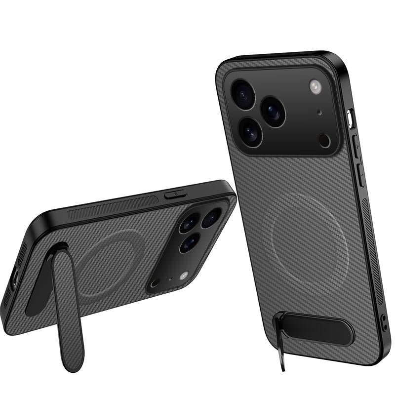 For iPhone 18 Pro WANLONFENG Kickstand Carbon Fiber Texture Magnetic Phone Case(Grey)