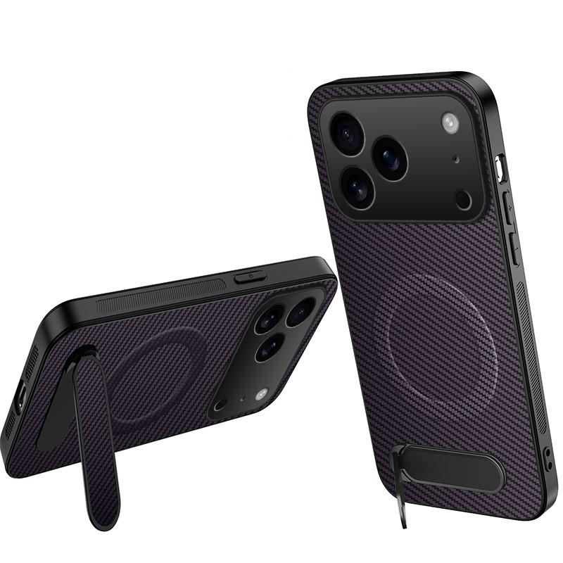 For iPhone 18 Pro WANLONFENG Kickstand Carbon Fiber Texture Magnetic Phone Case(Purple)