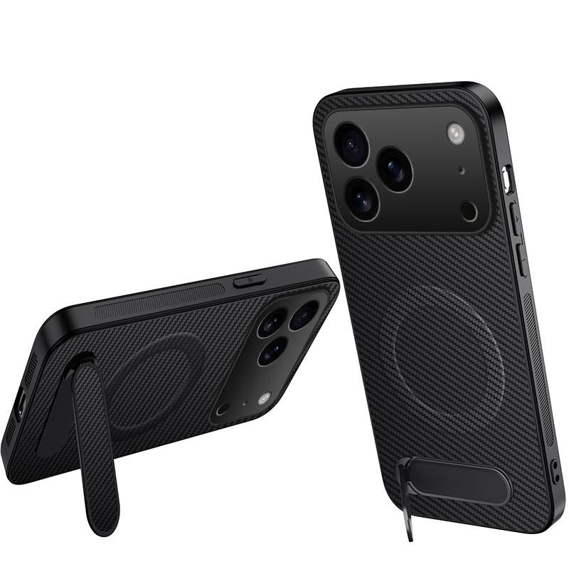 For iPhone 18 Pro Max WANLONFENG Kickstand Carbon Fiber Texture Magnetic Phone Case(Black)