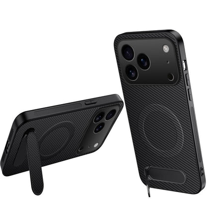 For iPhone 18 Pro Max WANLONFENG Kickstand Carbon Fiber Texture Magnetic Phone Case(Black)