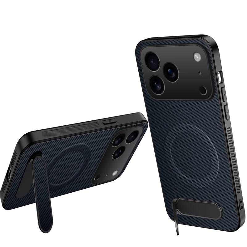 For iPhone 18 Pro Max WANLONFENG Kickstand Carbon Fiber Texture Magnetic Phone Case(Sapphire Blue)