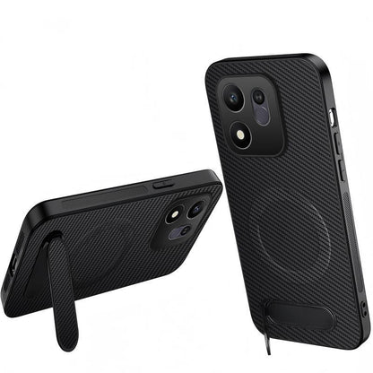 For Honor 600 Smart 5G WANLONFENG Kickstand Carbon Fiber Texture Magnetic Phone Case(Black)
