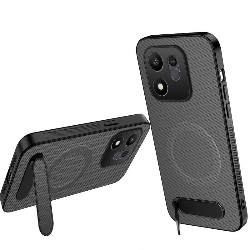 For Honor 600 Smart 5G WANLONFENG Kickstand Carbon Fiber Texture Magnetic Phone Case(Grey)
