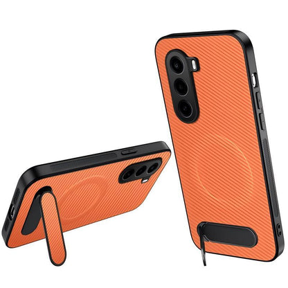 For OnePlus Turbo 6X / Realme P4x 5G WANLONFENG Kickstand Carbon Fiber Texture Magnetic Phone Case - Orange - EDA009411804E