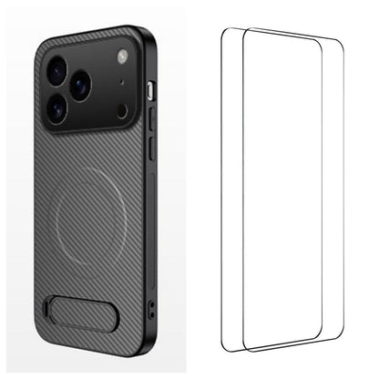 For iPhone 18 Pro WANLONFENG Kickstand Carbon Fiber Texture Magnetic Phone Case with 2pcs Screen Films(Grey)