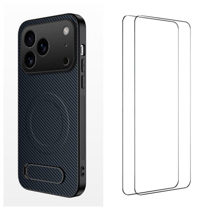 For iPhone 18 Pro WANLONFENG Kickstand Carbon Fiber Texture Magnetic Phone Case with 2pcs Screen Films(Sapphire Blue)