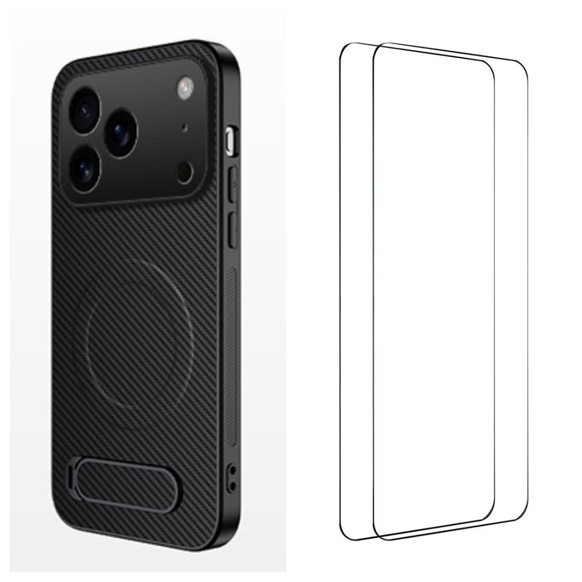 For iPhone 18 Pro Max WANLONFENG Kickstand Carbon Fiber Texture Magnetic Phone Case with 2pcs Screen Films(Black)