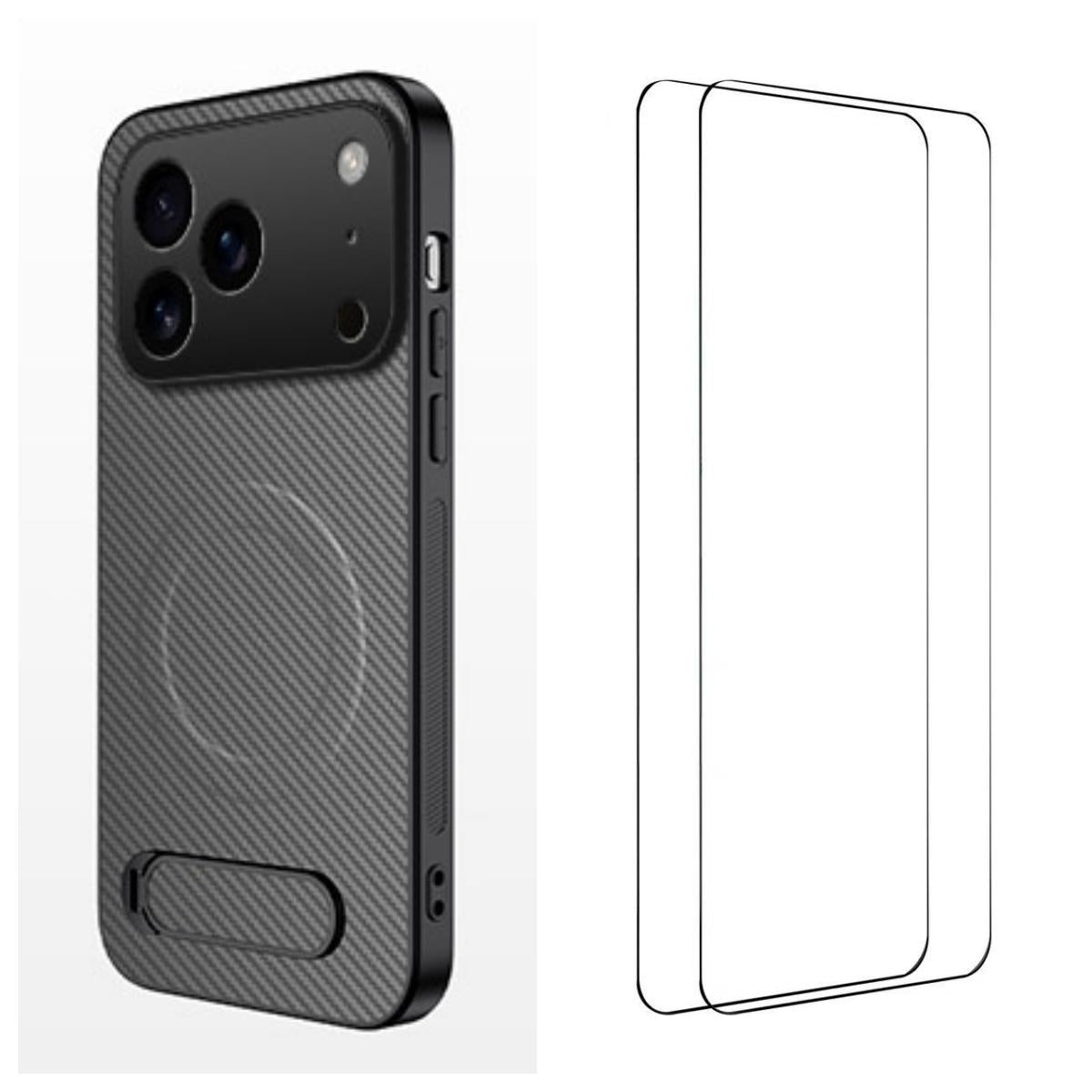For iPhone 18 Pro Max WANLONFENG Kickstand Carbon Fiber Texture Magnetic Phone Case with 2pcs Screen Films(Grey)