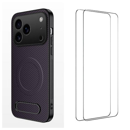 For iPhone 18 Pro Max WANLONFENG Kickstand Carbon Fiber Texture Magnetic Phone Case with 2pcs Screen Films(Purple)