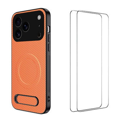 For iPhone 18 Pro Max WANLONFENG Kickstand Carbon Fiber Texture Magnetic Phone Case with 2pcs Screen Films(Orange)
