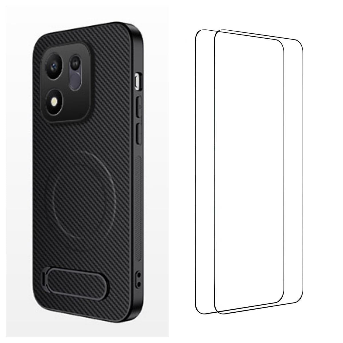 For Honor 600 Smart 5G WANLONFENG Kickstand Carbon Fiber Texture Magnetic Phone Case with 2pcs Screen Films(Black)