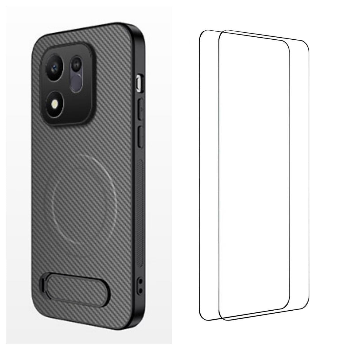 For Honor 600 Smart 5G WANLONFENG Kickstand Carbon Fiber Texture Magnetic Phone Case with 2pcs Screen Films(Grey)
