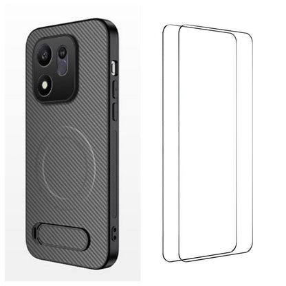 For Honor 600 Smart 5G WANLONFENG Kickstand Carbon Fiber Texture Magnetic Phone Case with 2pcs Screen Films(Grey)