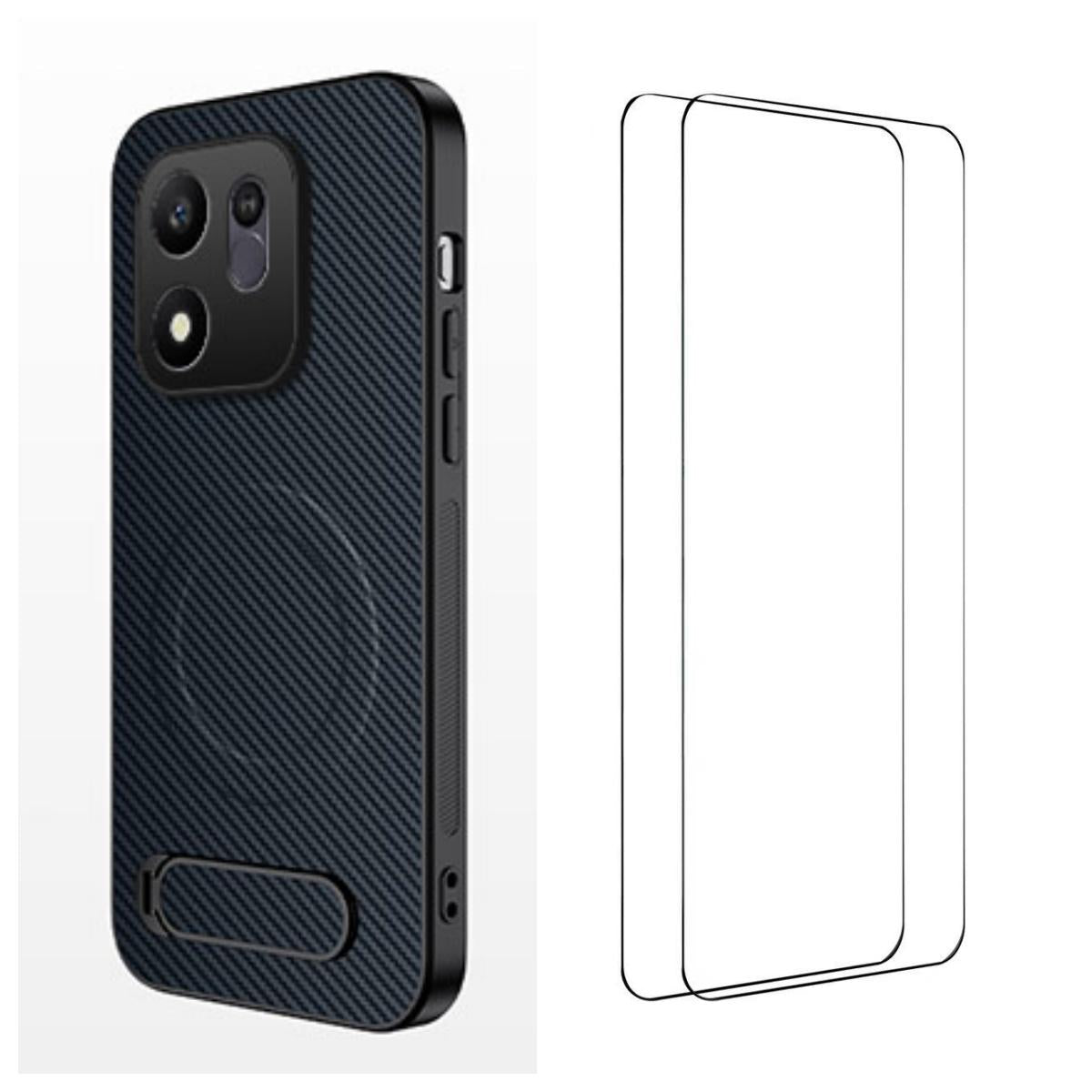 For Honor 600 Smart 5G WANLONFENG Kickstand Carbon Fiber Texture Magnetic Phone Case with 2pcs Screen Films(Sapphire Blue)