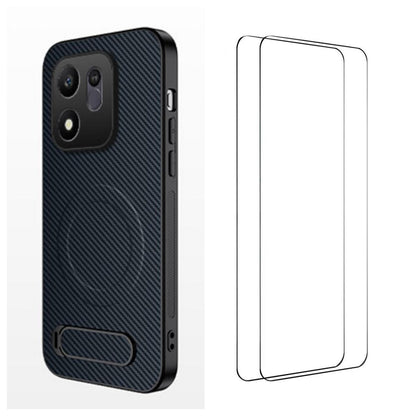 For Honor 600 Smart 5G WANLONFENG Kickstand Carbon Fiber Texture Magnetic Phone Case with 2pcs Screen Films(Sapphire Blue)