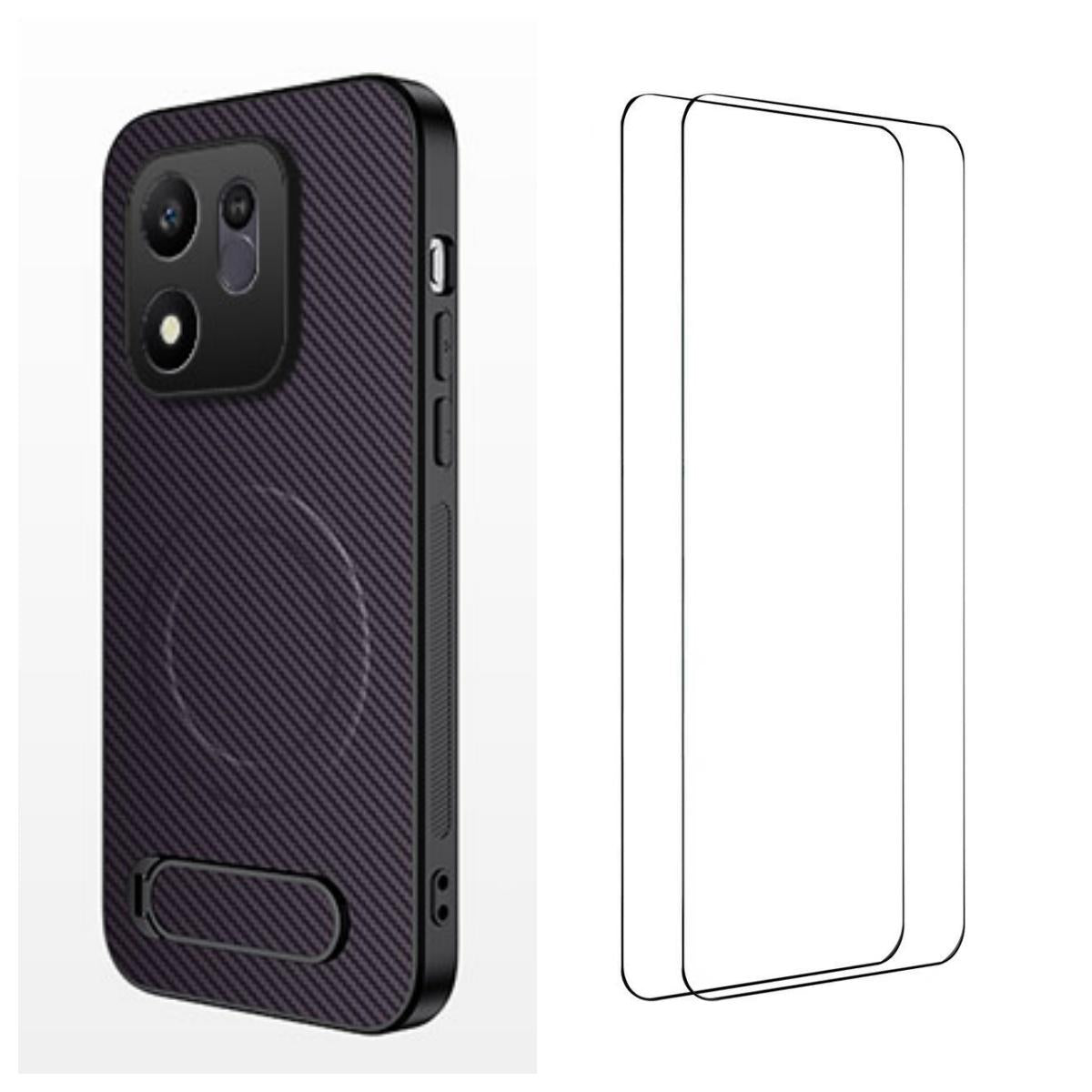For Honor 600 Smart 5G WANLONFENG Kickstand Carbon Fiber Texture Magnetic Phone Case with 2pcs Screen Films(Purple)