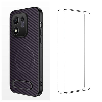 For Honor 600 Smart 5G WANLONFENG Kickstand Carbon Fiber Texture Magnetic Phone Case with 2pcs Screen Films(Purple)