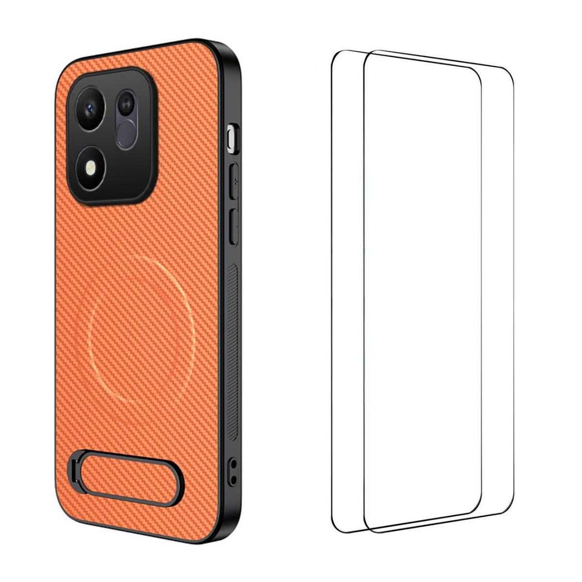 For Honor 600 Smart 5G WANLONFENG Kickstand Carbon Fiber Texture Magnetic Phone Case with 2pcs Screen Films(Orange)