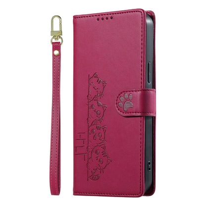 For Xiaomi Poco F8 Ultra / Redmi K90 Pro Max Cute Cats Magnetic Closure Vegan Leather Phone Case with Strap(Rose Red)