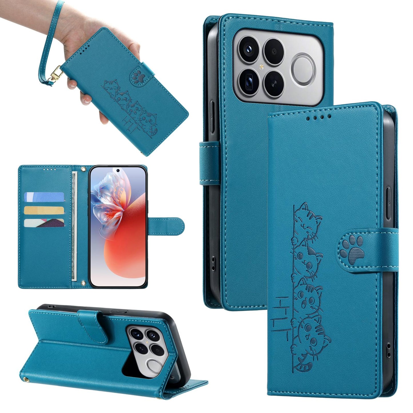 For Xiaomi Poco F8 Ultra / Redmi K90 Pro Max Cute Cats Magnetic Closure Vegan Leather Phone Case with Strap(Blue)