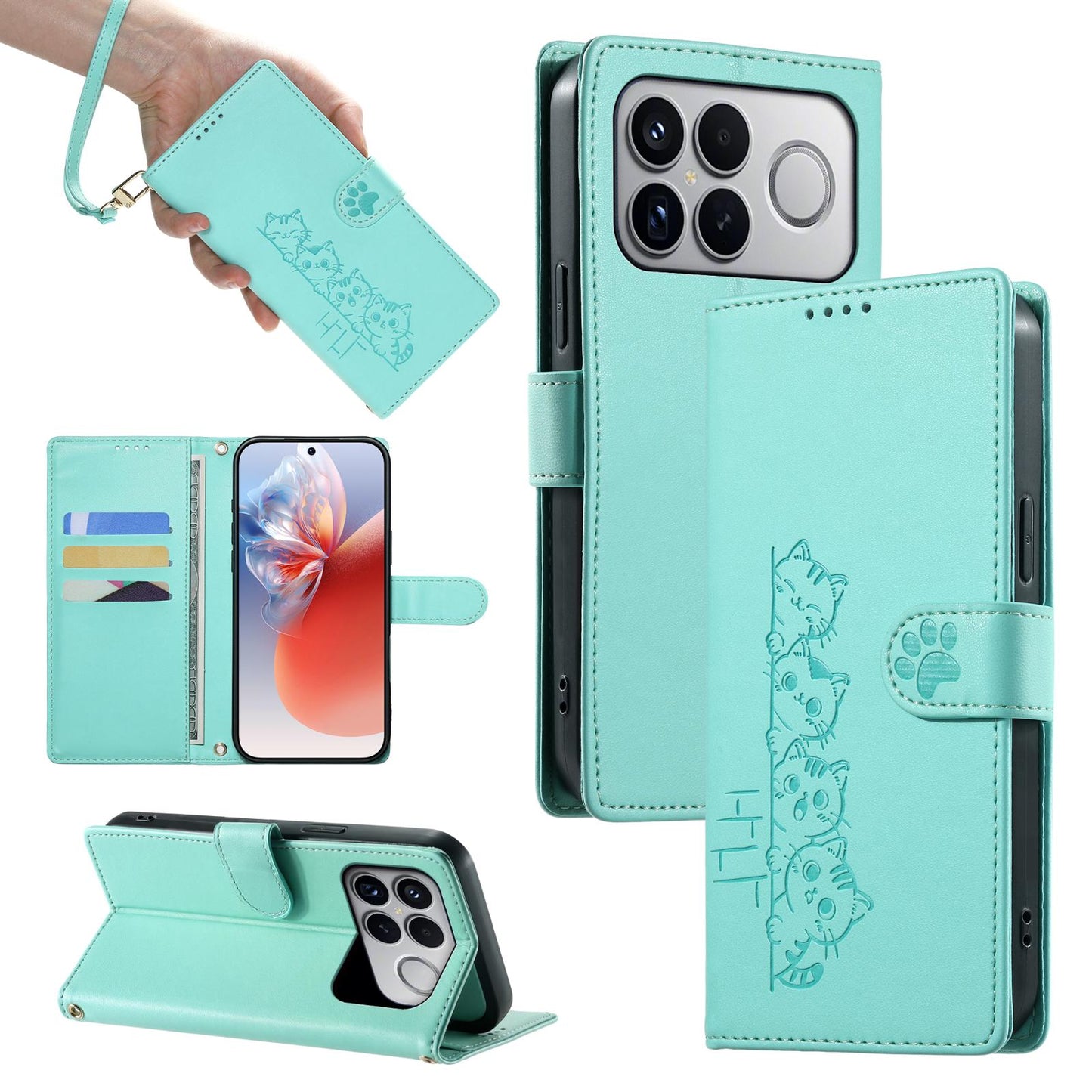For Xiaomi Poco F8 Ultra / Redmi K90 Pro Max Cute Cats Magnetic Closure Vegan Leather Phone Case with Strap(Green)