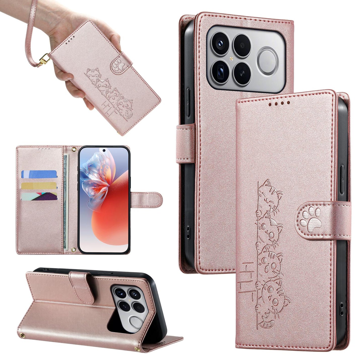 For Xiaomi Poco F8 Ultra / Redmi K90 Pro Max Cute Cats Magnetic Closure Vegan Leather Phone Case with Strap(Rose Gold)