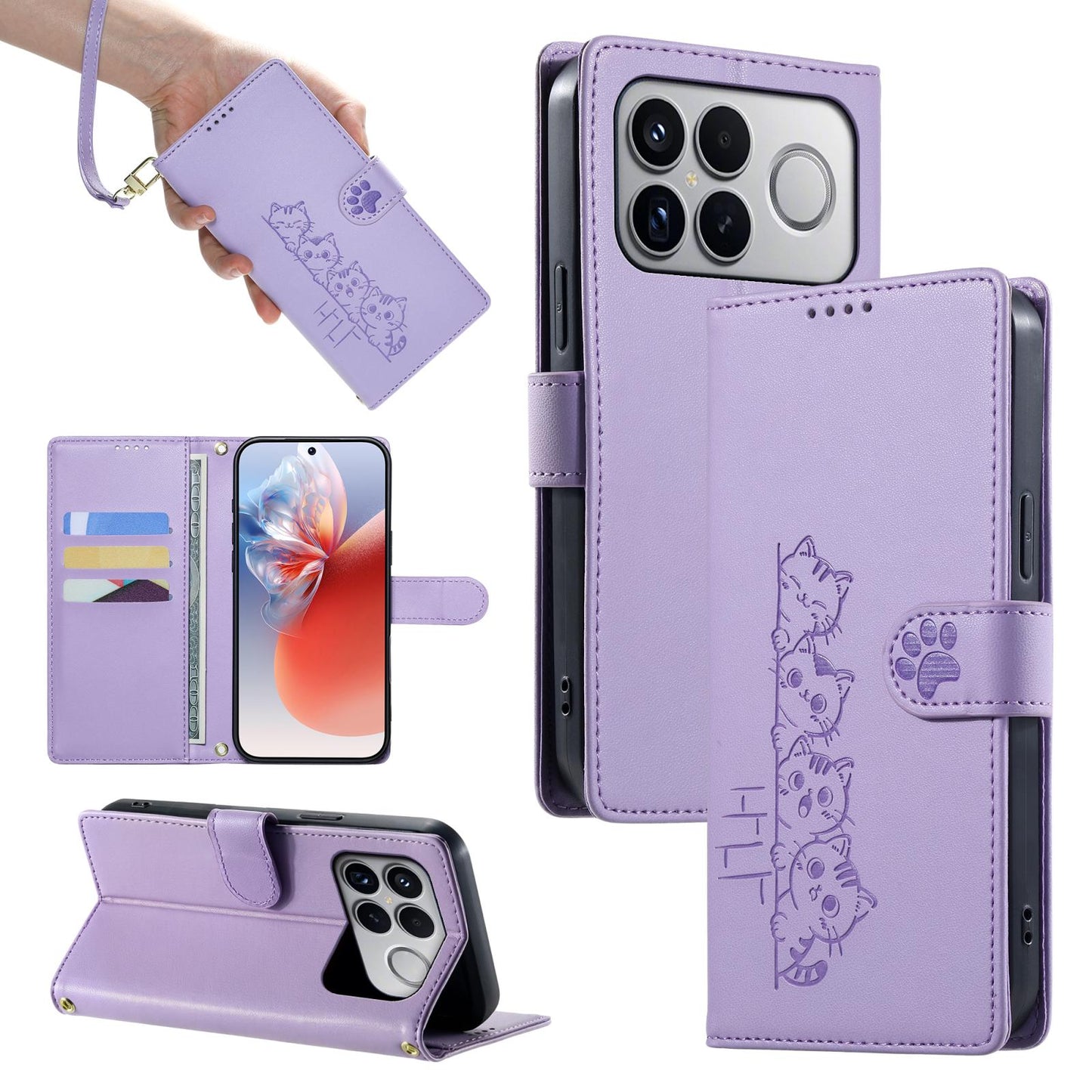 For Xiaomi Poco F8 Ultra / Redmi K90 Pro Max Cute Cats Magnetic Closure Vegan Leather Phone Case with Strap(Purple)
