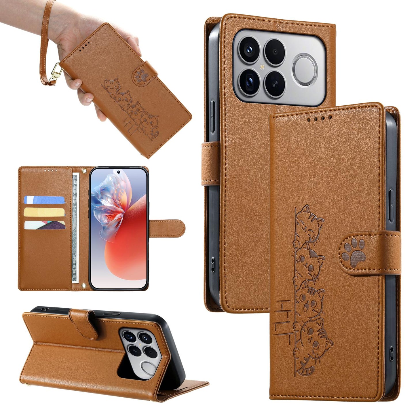 For Xiaomi Poco F8 Ultra / Redmi K90 Pro Max Cute Cats Magnetic Closure Vegan Leather Phone Case with Strap(Brown)