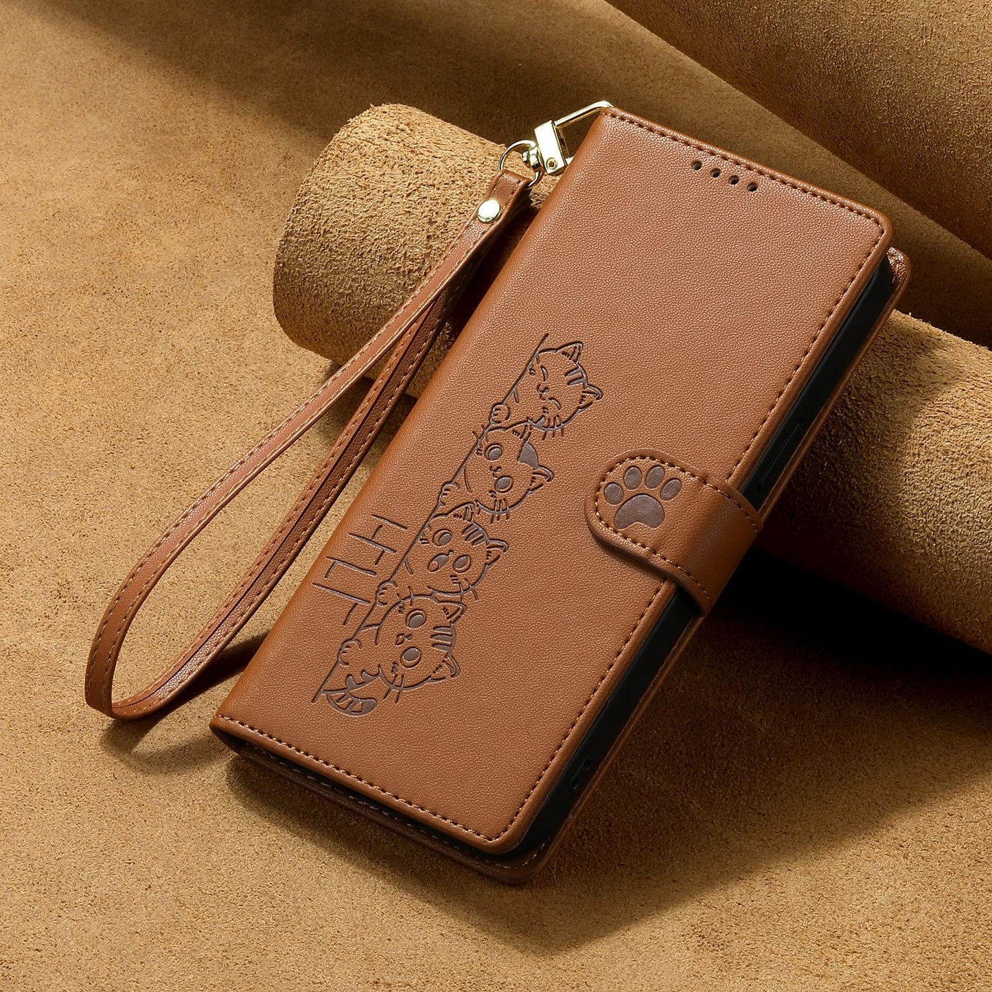 For Xiaomi Poco F8 Ultra / Redmi K90 Pro Max Cute Cats Magnetic Closure Vegan Leather Phone Case with Strap(Brown)