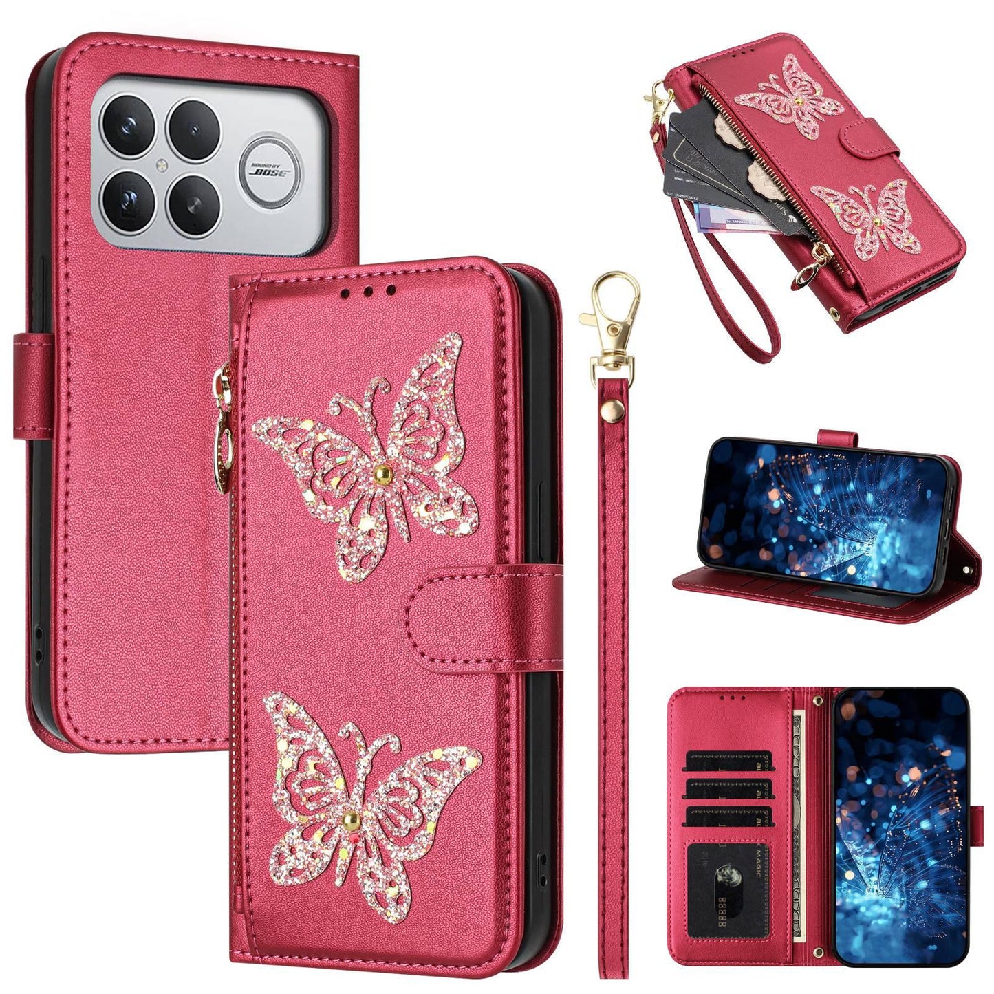 For Redmi K90 Pro Max / Poco F8 Ultra Glitter Butterfly Zipper Vegan Leather Phone Case with Wrist Strap(Rose Red)