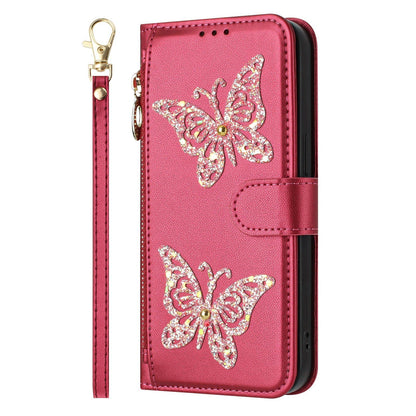For Redmi K90 Pro Max / Poco F8 Ultra Glitter Butterfly Zipper Vegan Leather Phone Case with Wrist Strap(Rose Red)