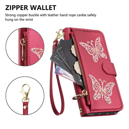 For Redmi K90 Pro Max / Poco F8 Ultra Glitter Butterfly Zipper Vegan Leather Phone Case with Wrist Strap(Rose Red)