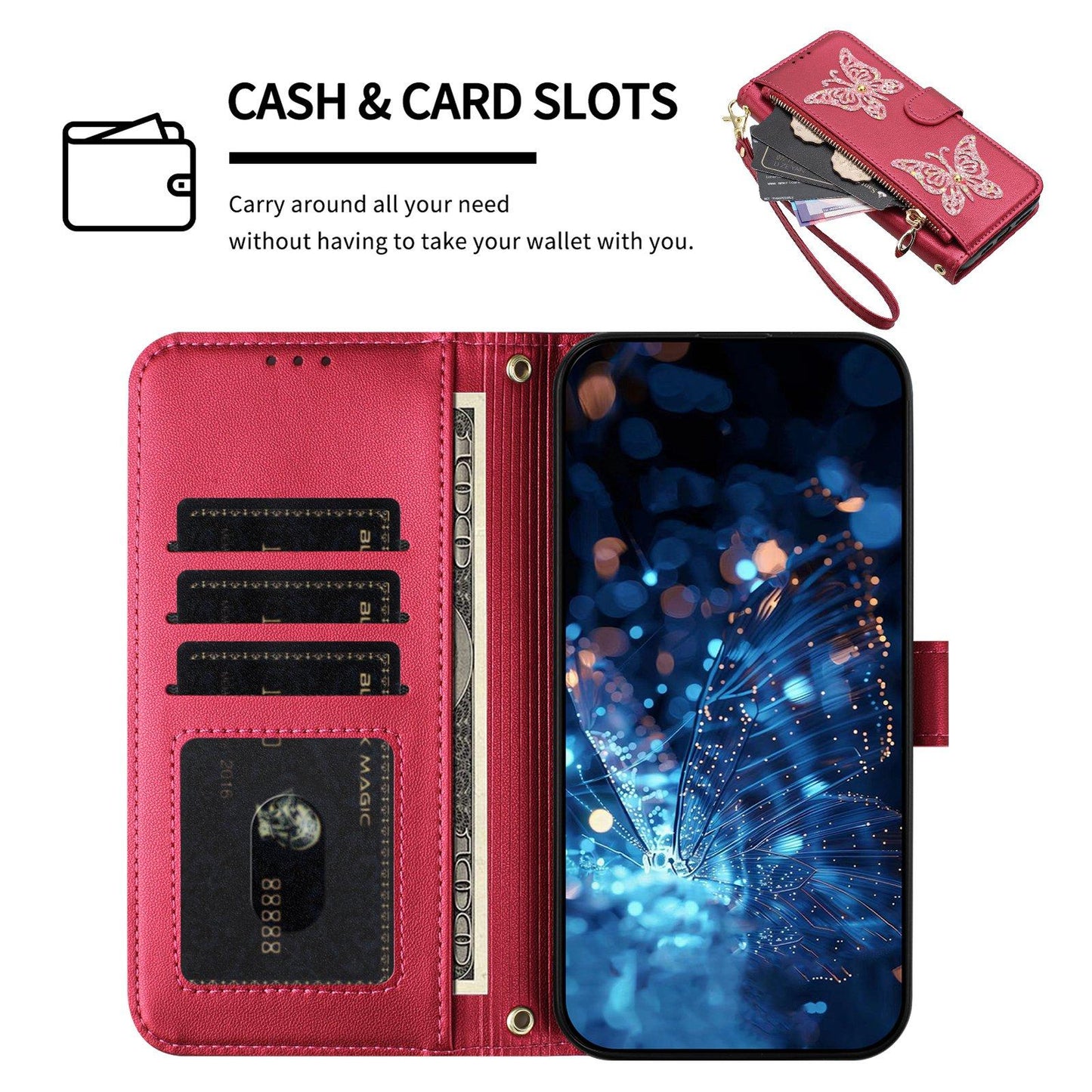 For Redmi K90 Pro Max / Poco F8 Ultra Glitter Butterfly Zipper Vegan Leather Phone Case with Wrist Strap(Rose Red)