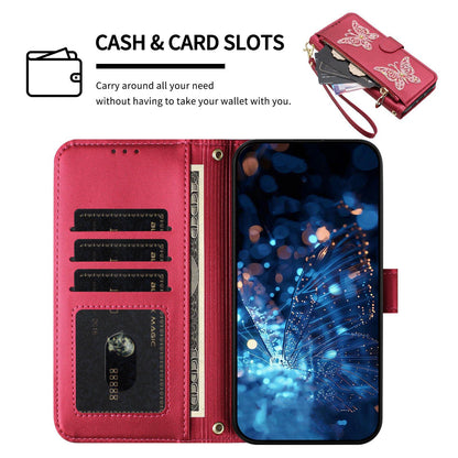 For Redmi K90 Pro Max / Poco F8 Ultra Glitter Butterfly Zipper Vegan Leather Phone Case with Wrist Strap(Rose Red)