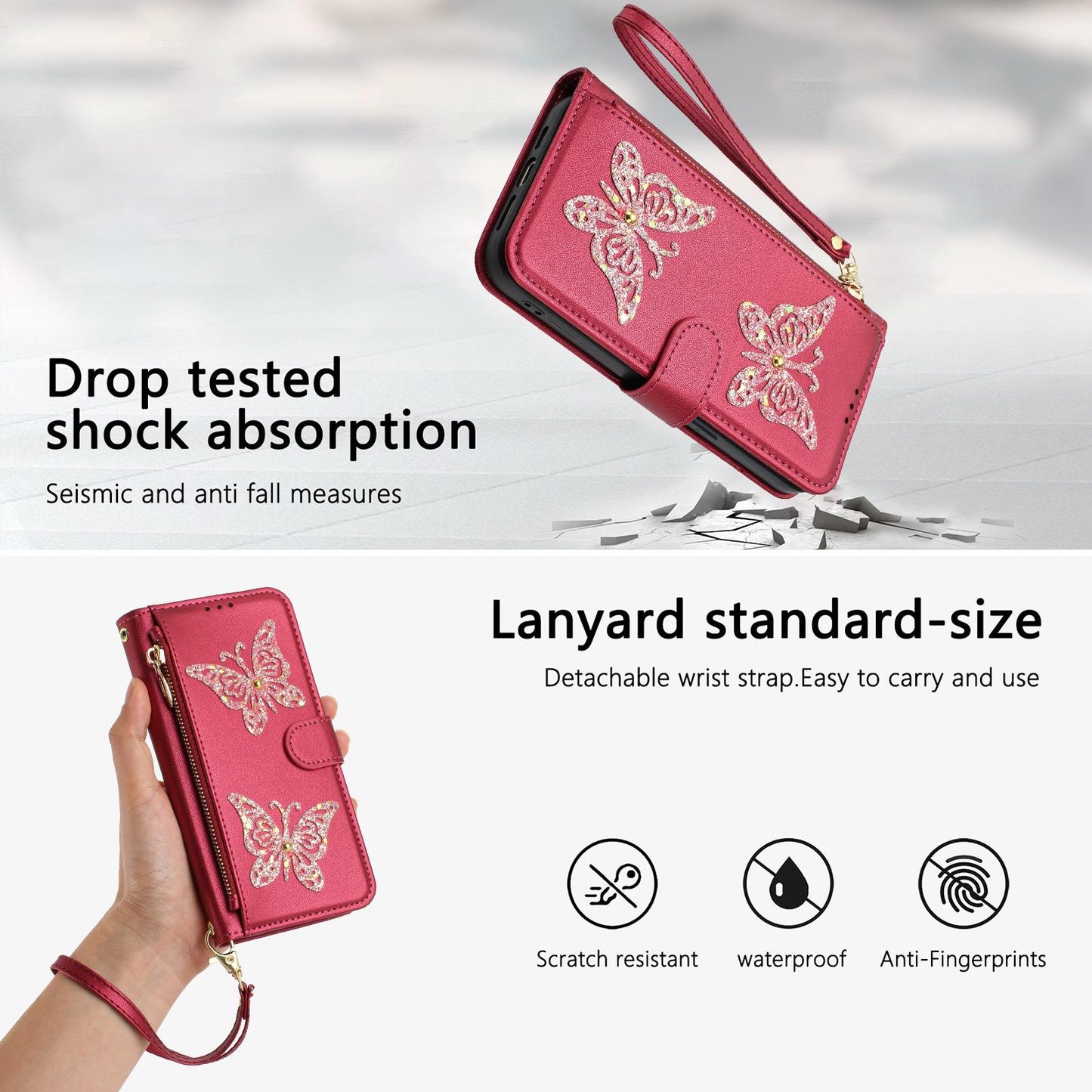For Redmi K90 Pro Max / Poco F8 Ultra Glitter Butterfly Zipper Vegan Leather Phone Case with Wrist Strap(Rose Red)