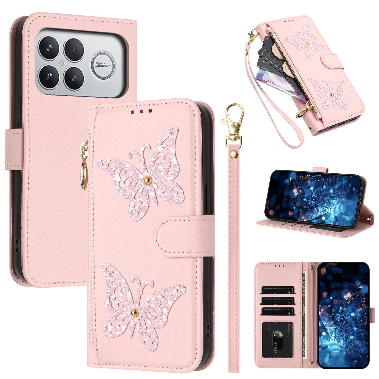 For Redmi K90 Pro Max / Poco F8 Ultra Glitter Butterfly Zipper Vegan Leather Phone Case with Wrist Strap(Pink)