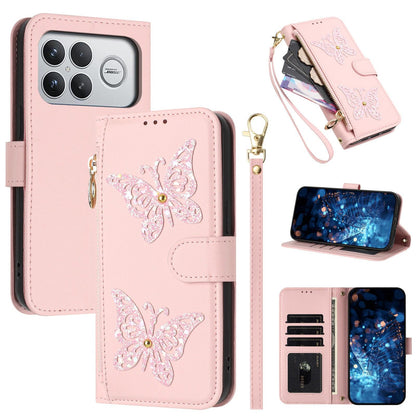 For Redmi K90 Pro Max / Poco F8 Ultra Glitter Butterfly Zipper Vegan Leather Phone Case with Wrist Strap(Pink)