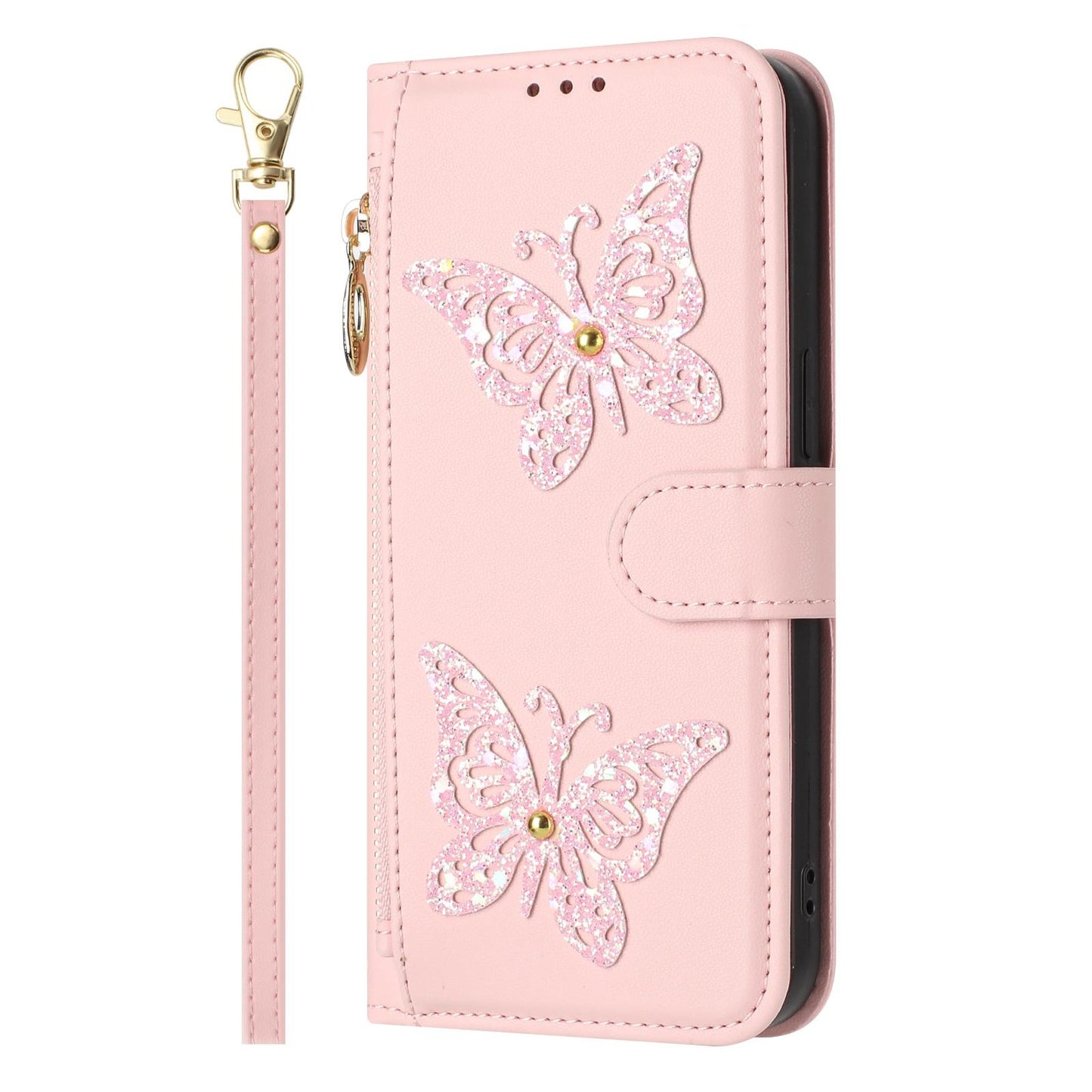 For Redmi K90 Pro Max / Poco F8 Ultra Glitter Butterfly Zipper Vegan Leather Phone Case with Wrist Strap(Pink)